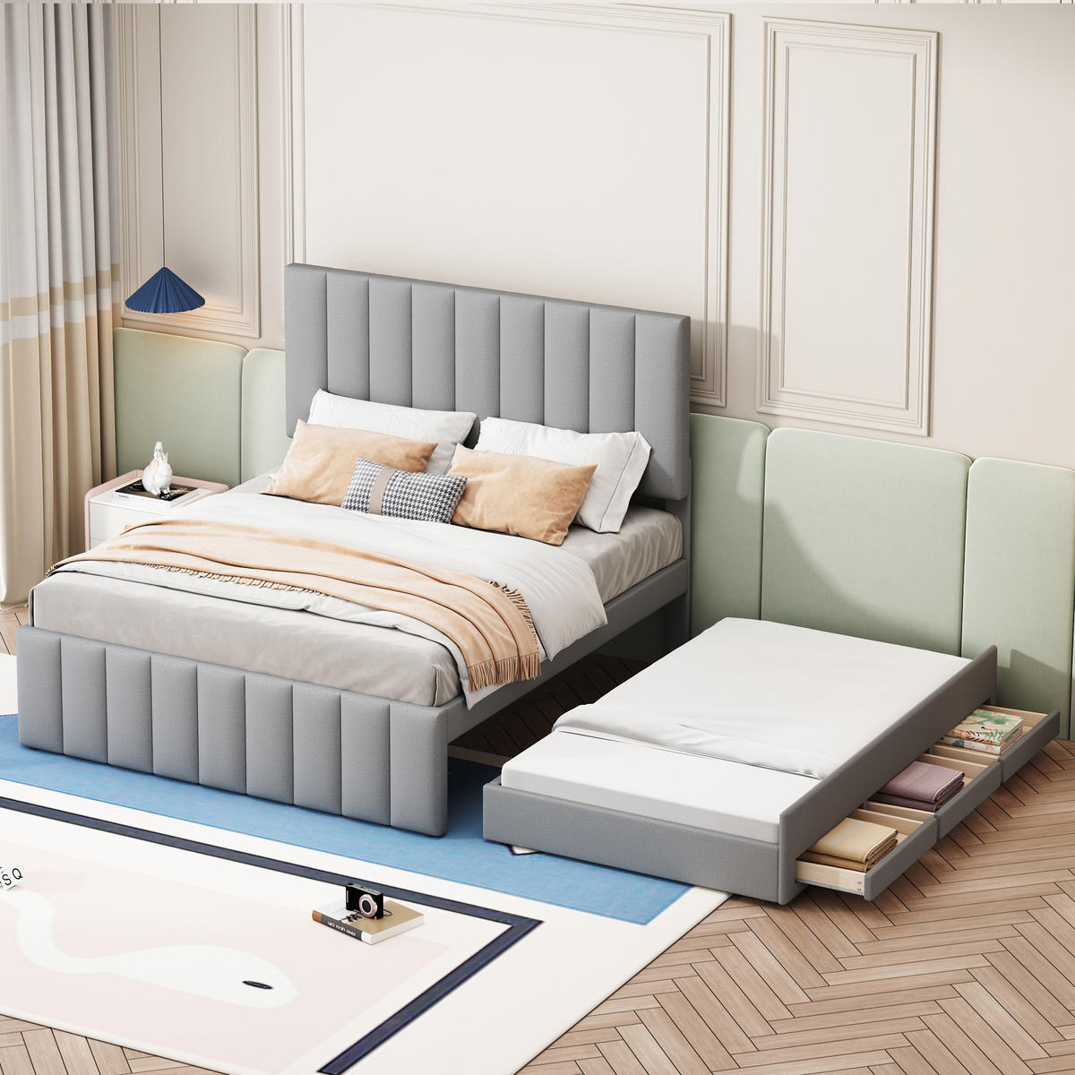 POLSTERBETT 140/200 cm grau mit Ausziehbett und Schubladen - Grau, Textil (140/200cm) - OKWISH