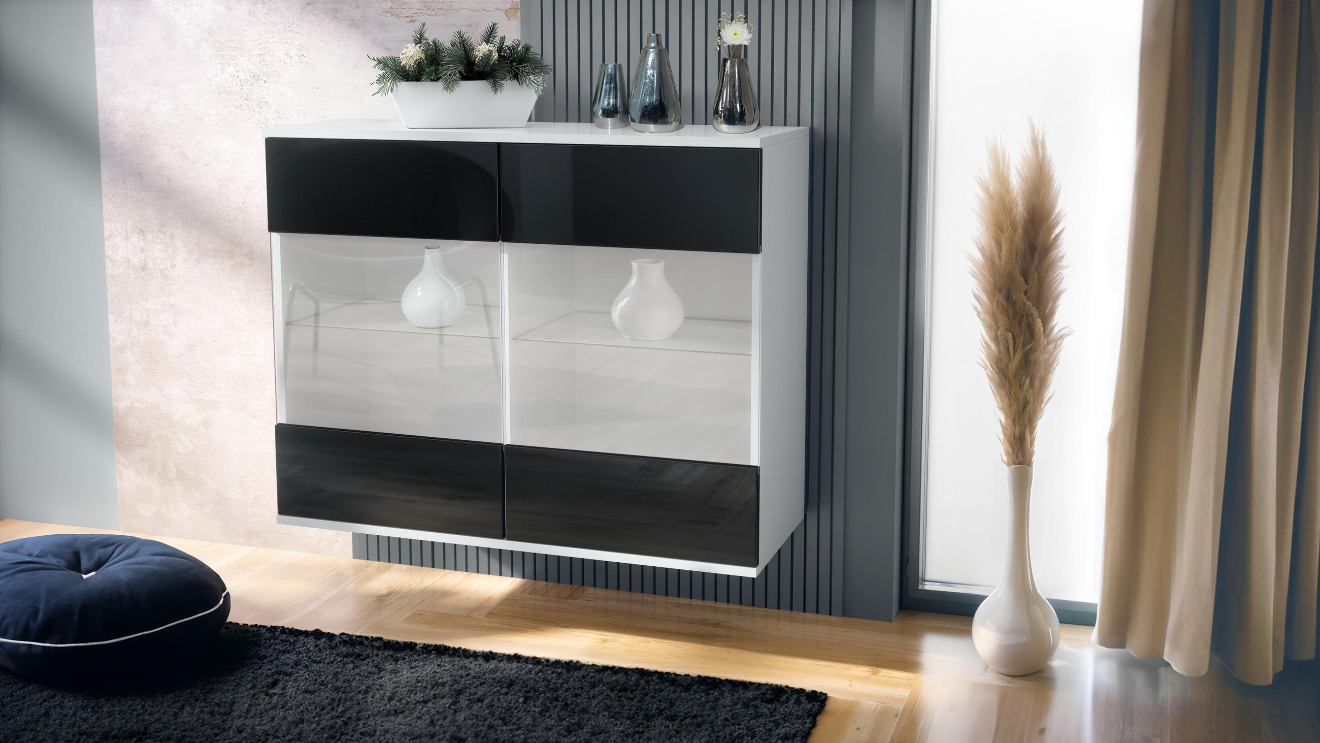 KOMMODE Bari Schwarz Hochglanz - Schwarz Hochglanz, Holzwerkstoff (92.5/73.5/35cm) - Vladon