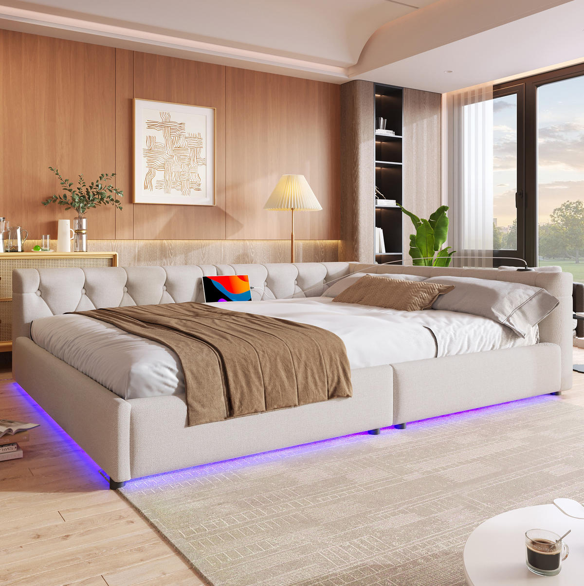 POLSTERBETT 140/200 cm aus Leinen mit LED-Beleuchtung und USB- und Type-C-Anschlüssen - Beige, Textil (140/200cm) - Flora Grace
