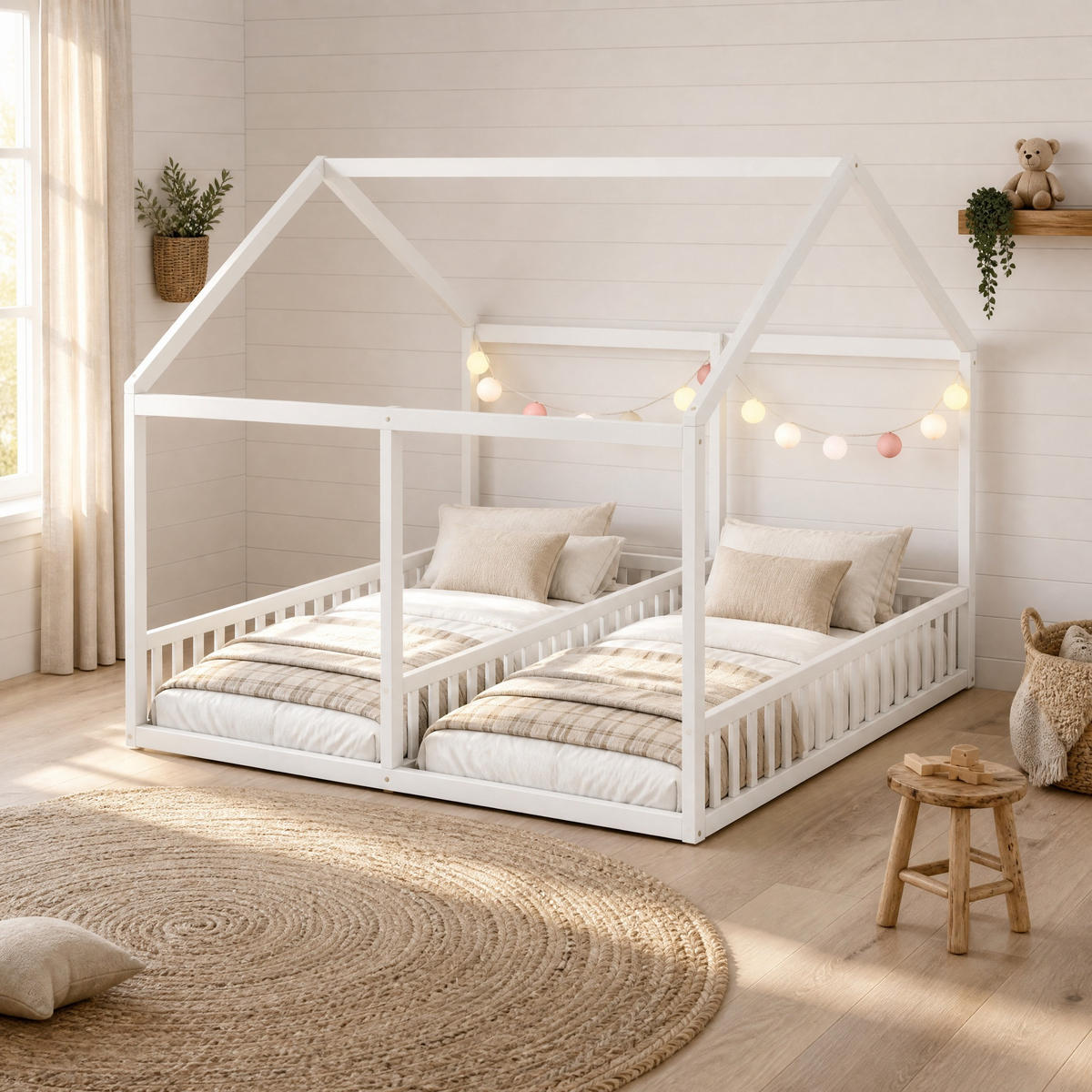 HAUSBETT 90/200 mit Hausdesign und Sicherheitsgeländer in Weiß - Weiß, Holzwerkstoff (90/200cm) - EVRYAE