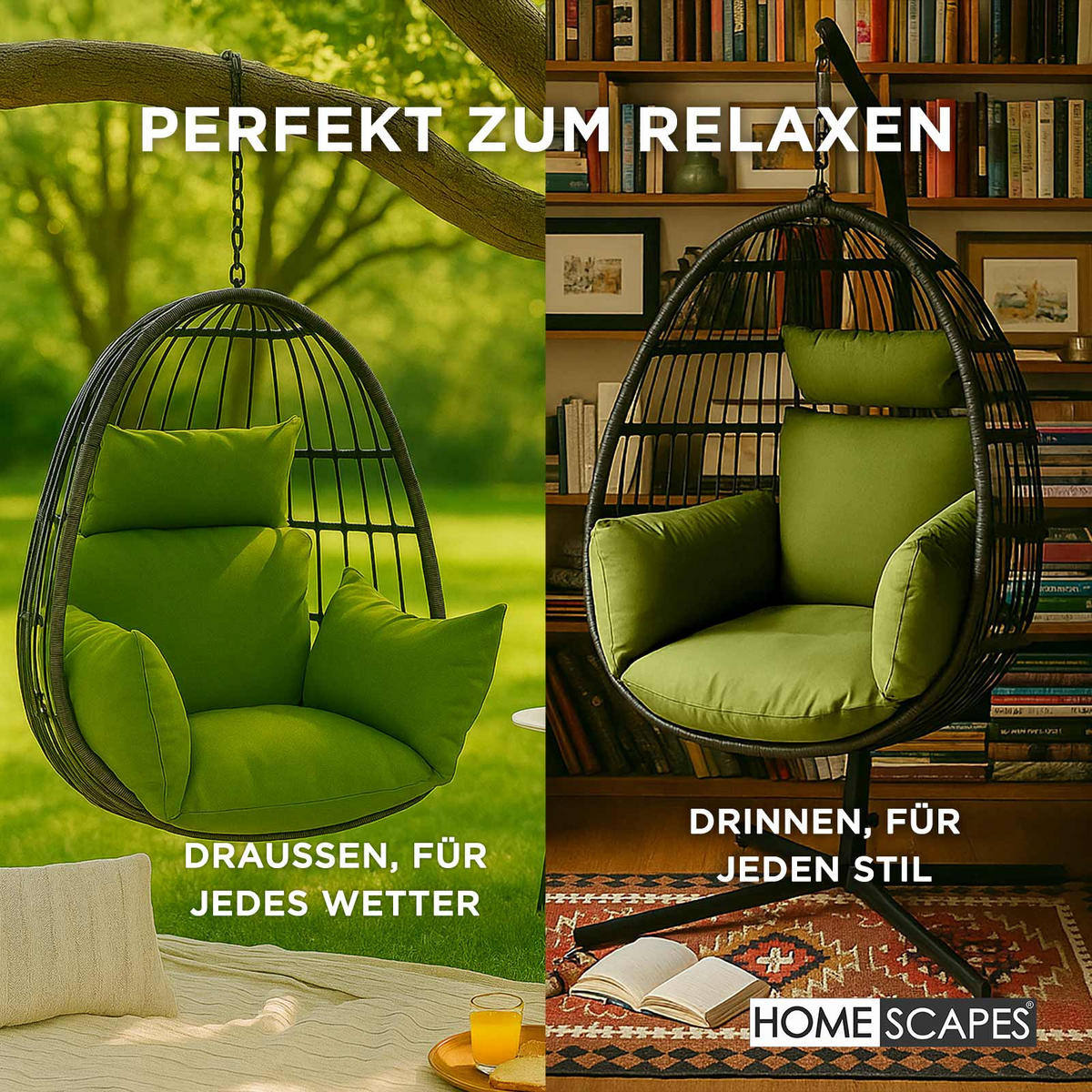 KISSEN für Hängesessel – wetterfest mit Kopfstütze - Grün, Textil (110/15/112cm) - Homescapes