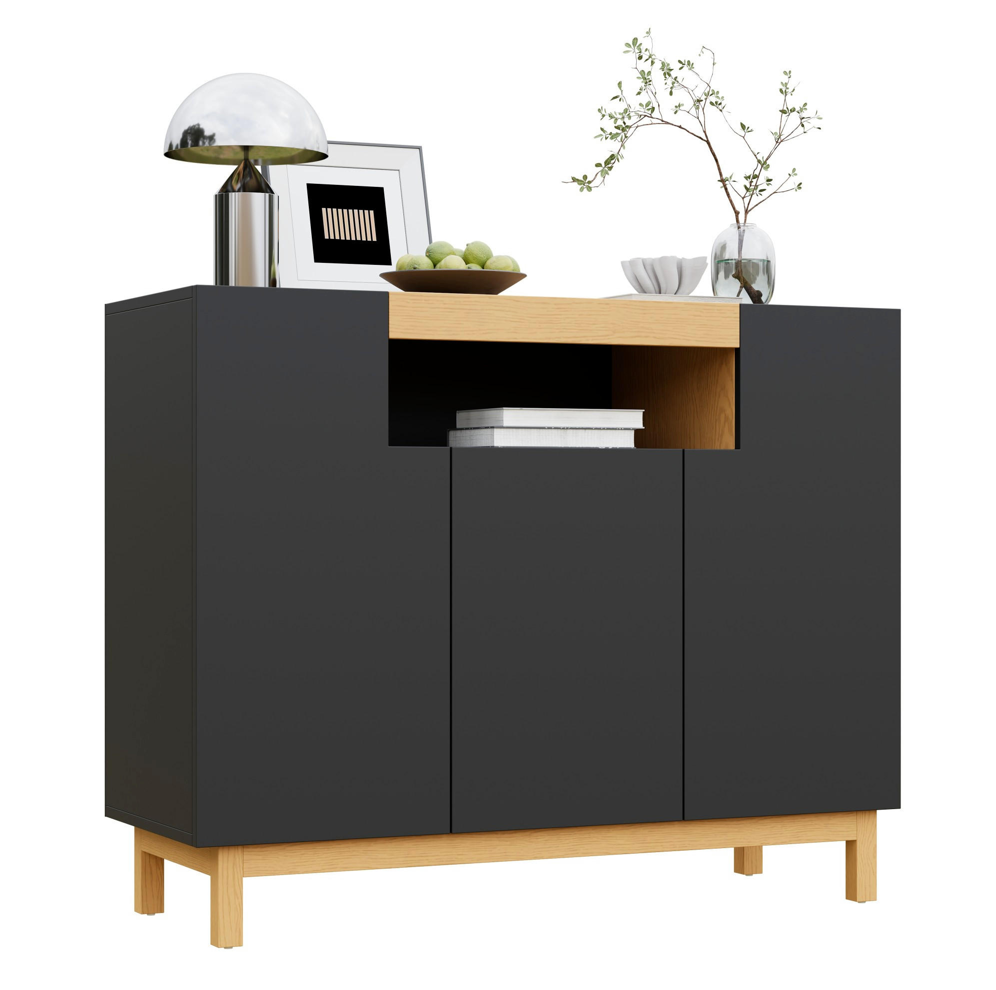 SIDEBOARD 120,5/42/96 cm mit 3 Türen & offenem Fach in Schwarz-Holzoptik - Schwarz, Holzwerkstoff (120.5/96/42cm) - BEAOK