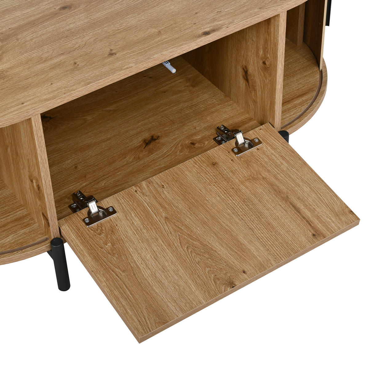 COUCHTISCH in Holzoptik Ovaler Wohnzimmertisch mit Schiebetüren und Stauraum, B100/T50H40(cm) - Schwarz/Naturfarben, Holzwerkstoff/Metall (50/100/40cm) - STILVORA