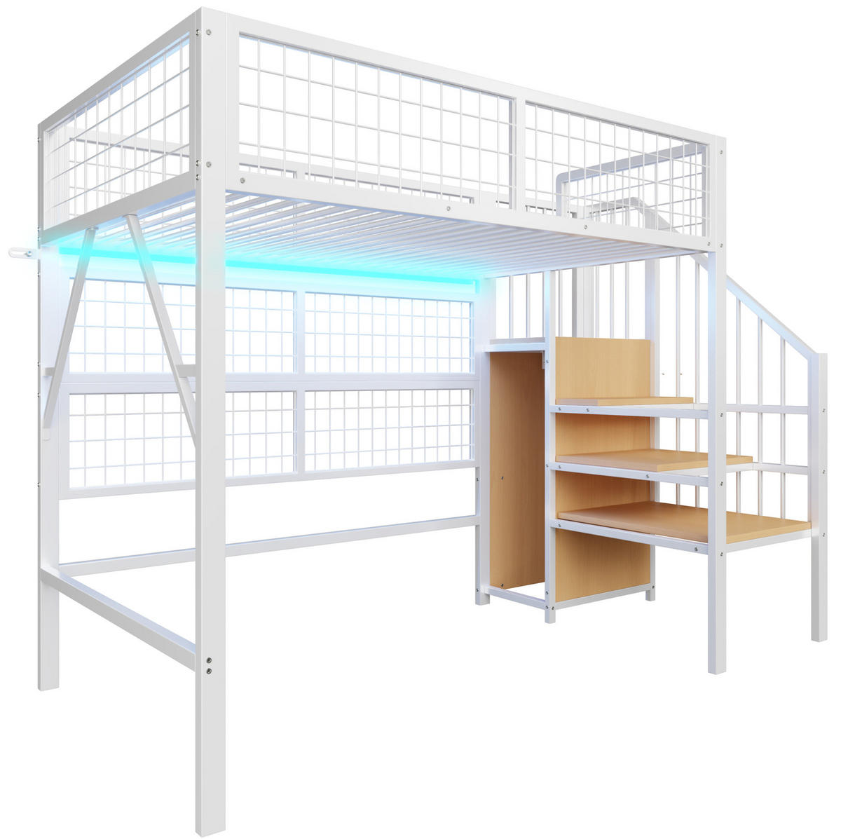 HOCHBETT 90/200 cm Weiß aus Metall und MDF mit Stauraumtreppe - Weiß, Metall (90/200cm) - OKMYHOME
