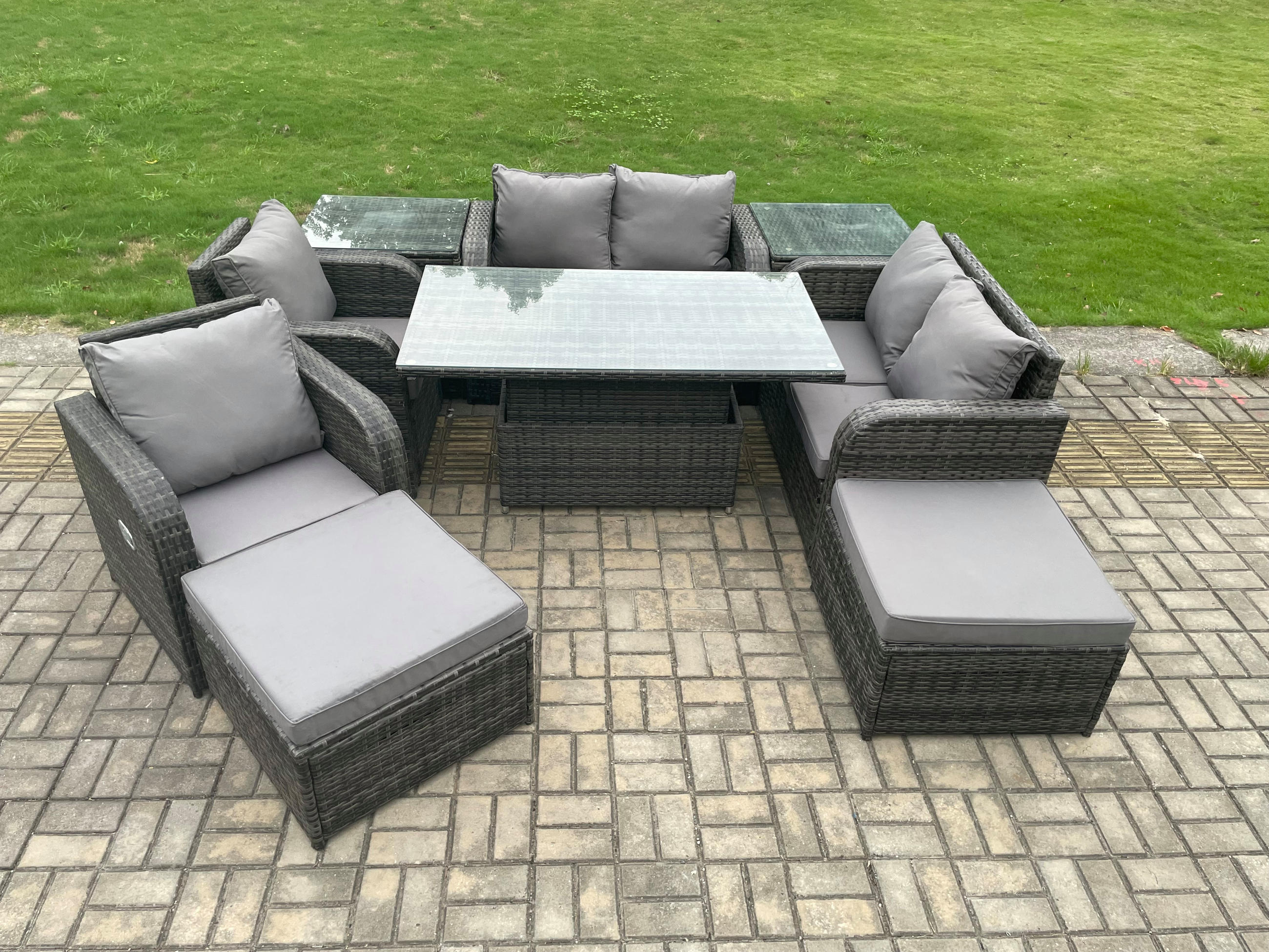 GARTENSOFA SET Polyrattan Dunkelgrau 8-Sitzer - Dunkelgrau/Grau, Metall - Fimous