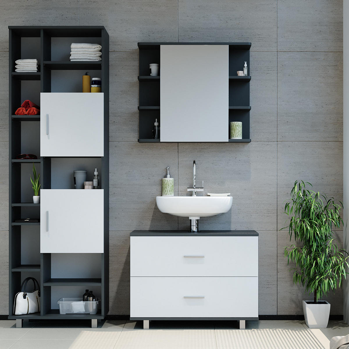 BADMÖBEL-SET Ilias Weiß/Anthrazit 3 Teile, mit Hochschrank - Anthrazit/Weiß, Holzwerkstoff (80.2/60.8/33cm) - Vicco