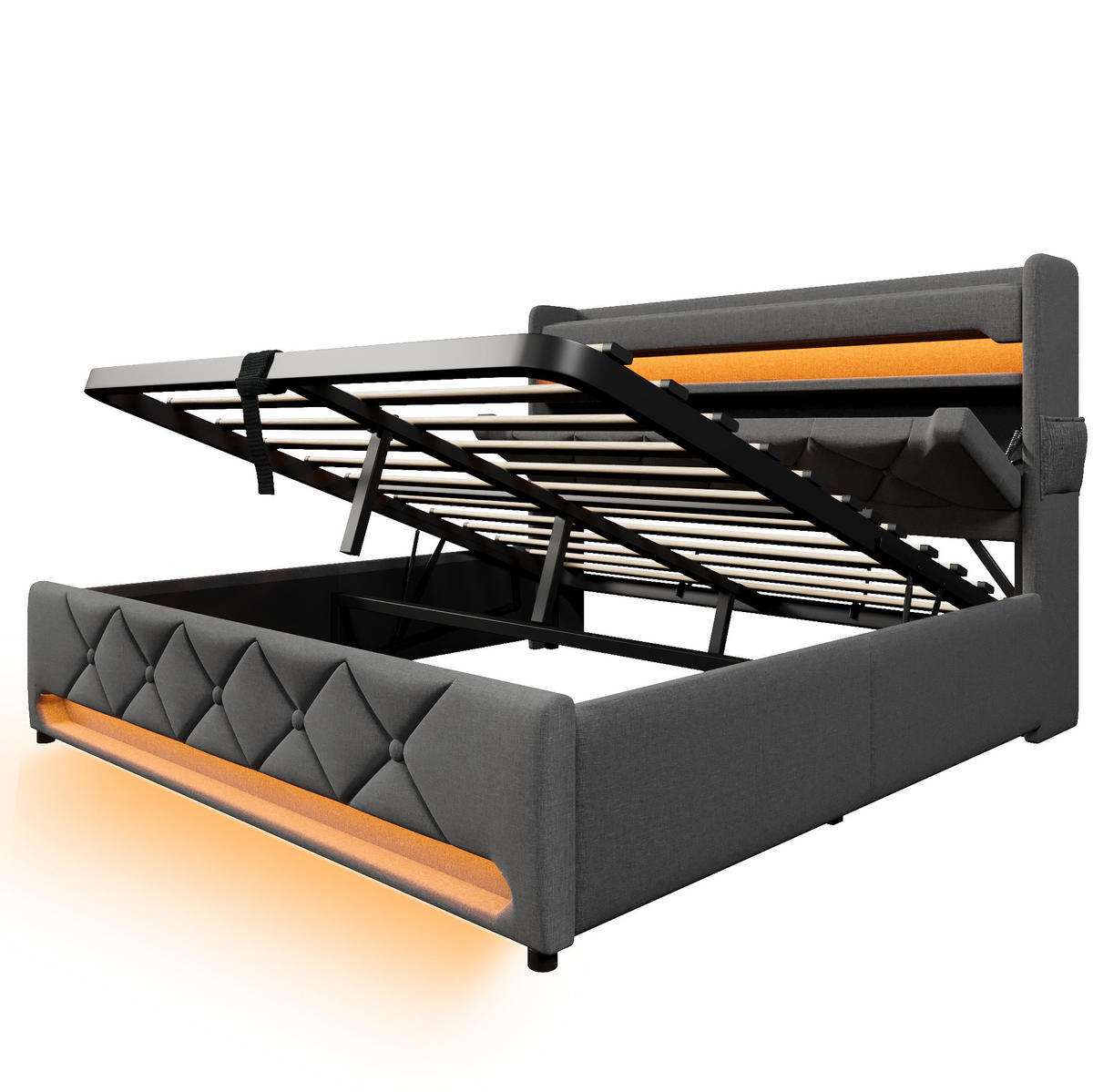 BETT mit LED und Stauraum 160x200 cm Leinen Grau - Grau, Metall (160/200cm) - Meubliv