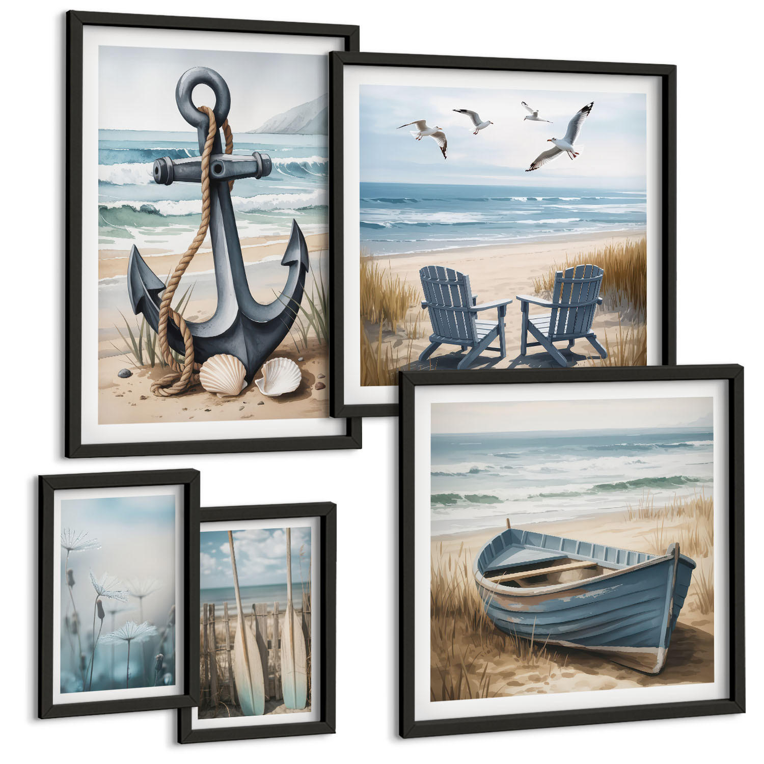 BILDER SET 5er Set - 50x50 cm & 20x30 cm & 40x60 cm Schwarzer Rahmen - Waldlandschaft, See Łódź - Schwarz, Kunststoff (40/60cm) - TULUP