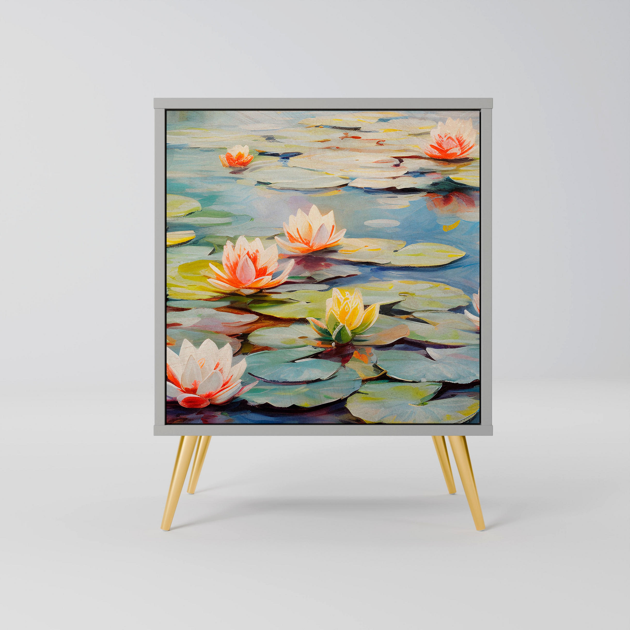 SIDEBOARD BLOOMING WATERS, Grau, 57,5x42x75,5 cm, Goldfarbene Metallfüße - Goldfarben/Multicolor, Holzwerkstoff/Metall (57.5/75.5/42cm) - SpaceRebels