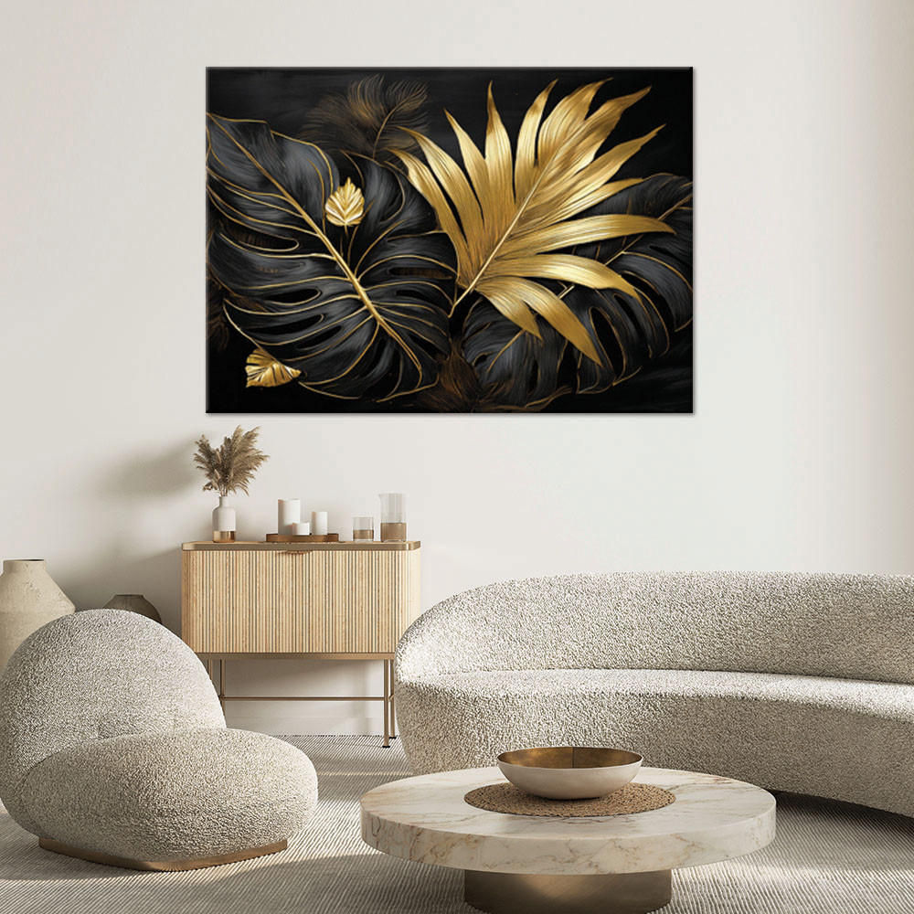 WANDBILD schwarze und goldene monstera blätter - Schwarz, Textil (120/80cm) - Feeby