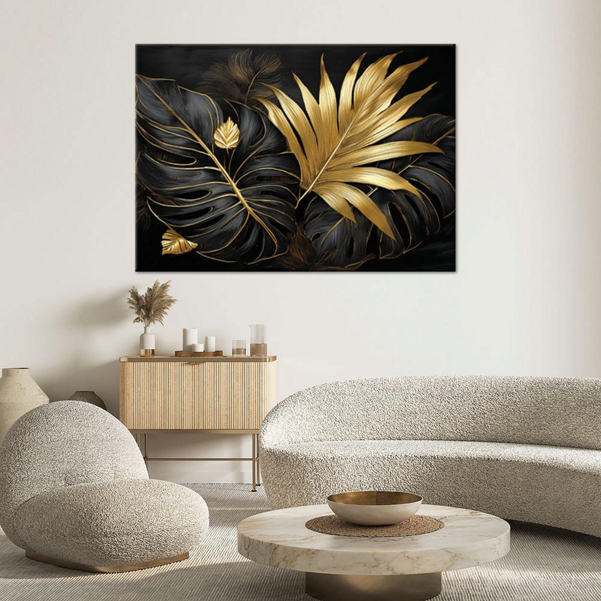 WANDBILD schwarze und goldene monstera blätter - Schwarz, Textil (120/80cm) - Feeby