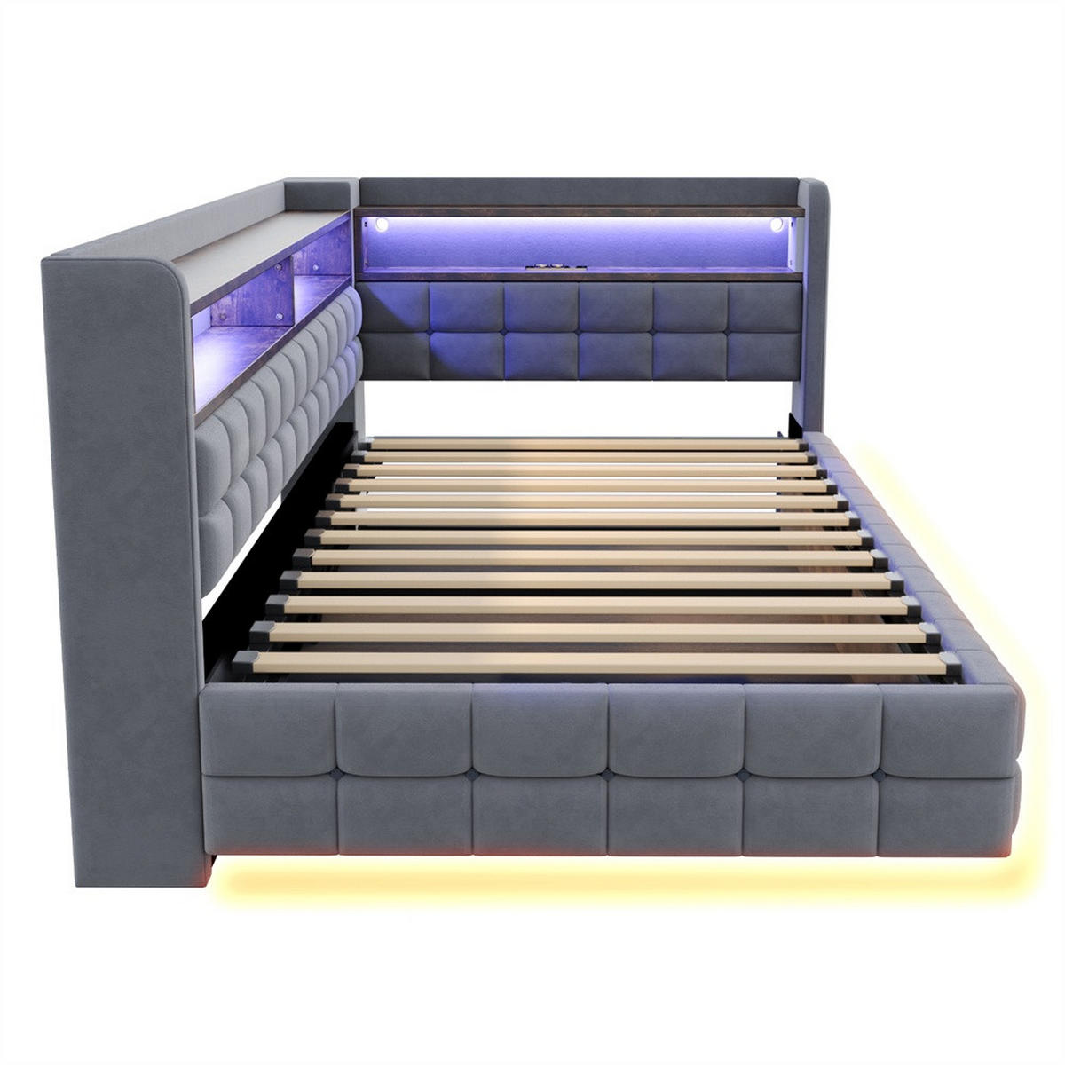 POLSTERBETT 90x200 cm mit hydraulischem Stauraum und Regal - LED Beleuchtung - USB & Typ-C - Hellgrau - ohne Matratze - Hellgrau, Textil (90/200cm) - DELFA