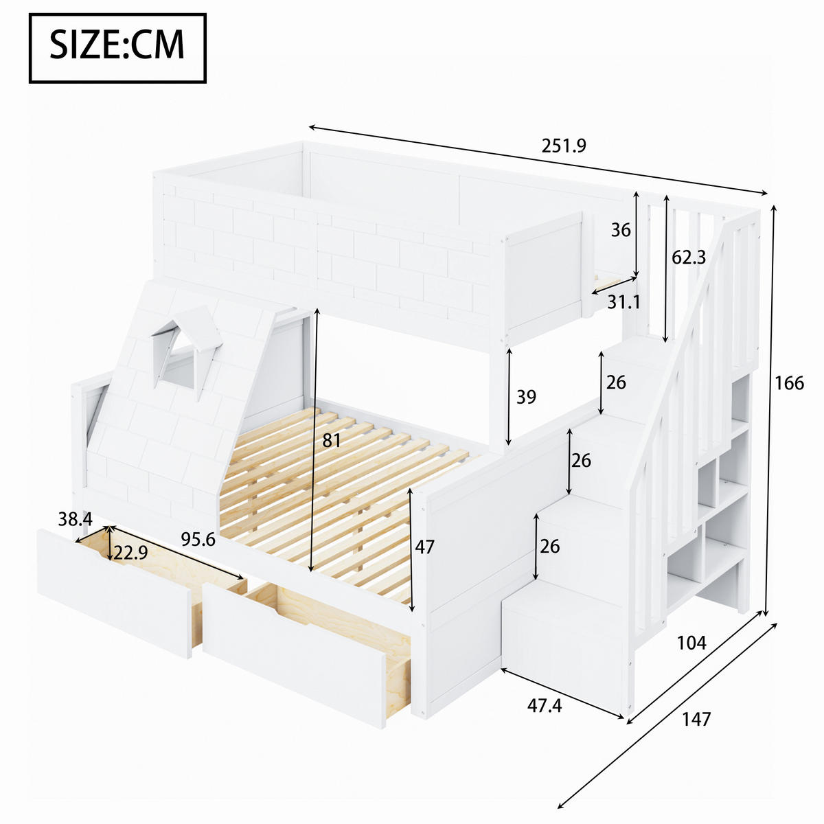ETAGENBETT aus Kiefernholz 90x200/140x200 cm Weiß mit Stauraumtreppe und Schubladen - Weiß, Holz (90/200cm) - IVMEU