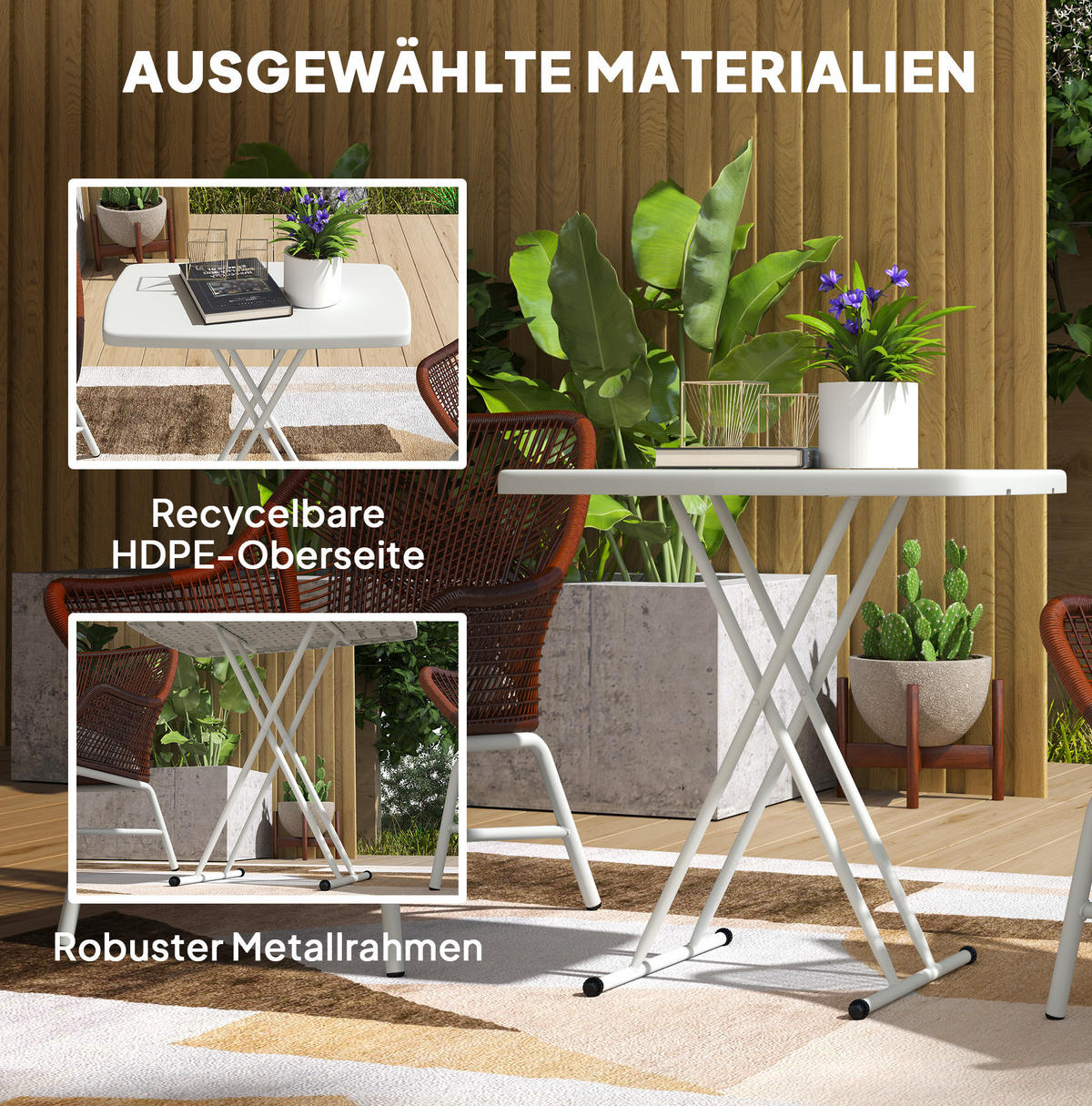 GARTENTISCH 76/50/74 cm weiß aus Kunststoff und Stahl klappbar höhenverstellbar - Naturfarben, Metall (76/50/74cm) - OKWISH