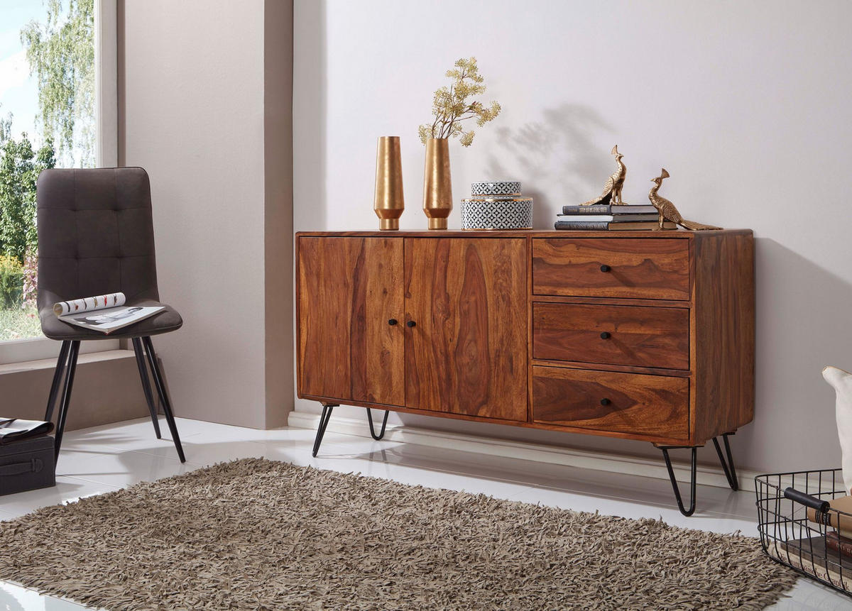 SIDEBOARD – Massivholz, 145x75x40 cm, 3 Schubladen, 2 Türen, Landhausstil, Haarnadelbeine - Schwarz/Braun, Holz/Metall (145/75/40cm) - KADIMA DESIGN