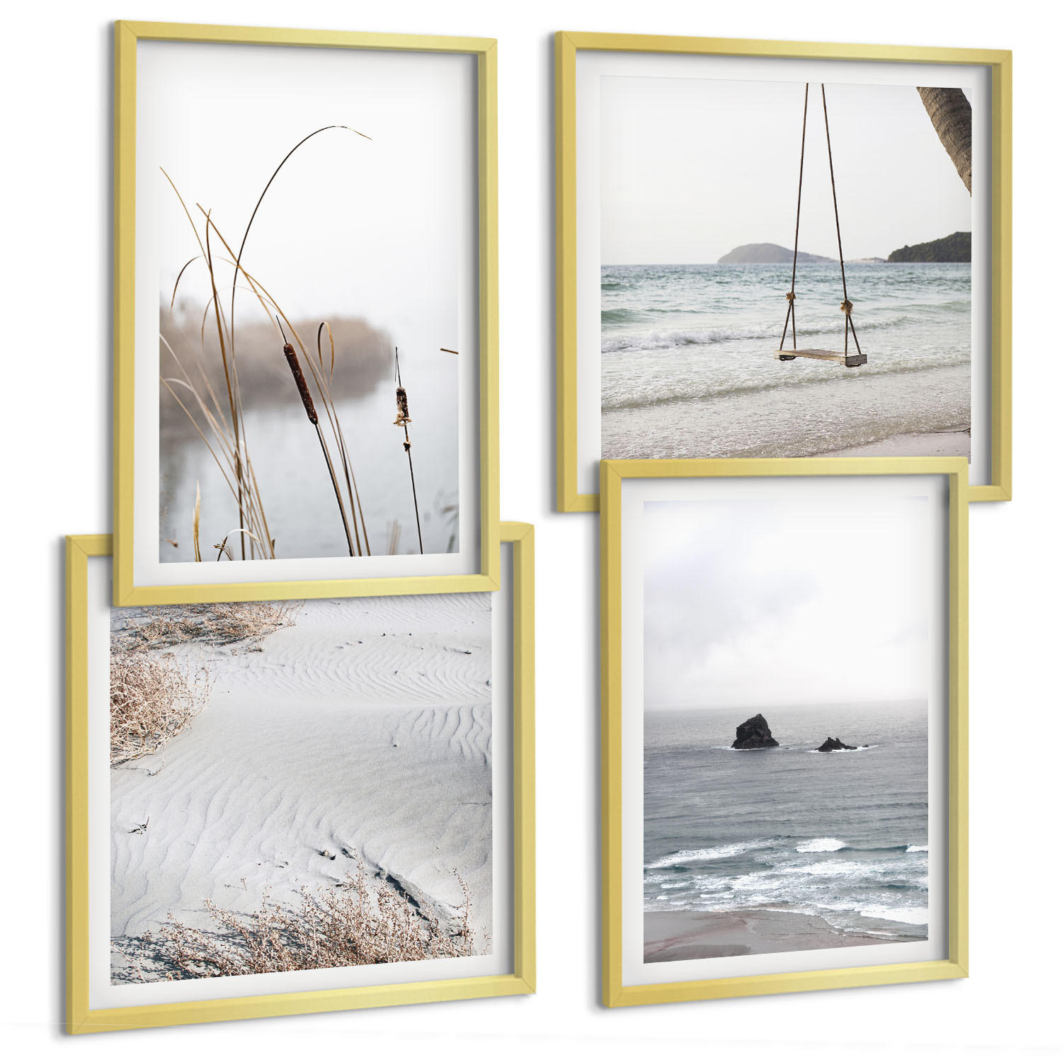 BILDER SET 4er Set - 50x50 cm & 40x60 cm Goldrahmen - Vegetation am Wasser im Sommer - Goldfarben, Kunststoff (50/50cm) - TULUP