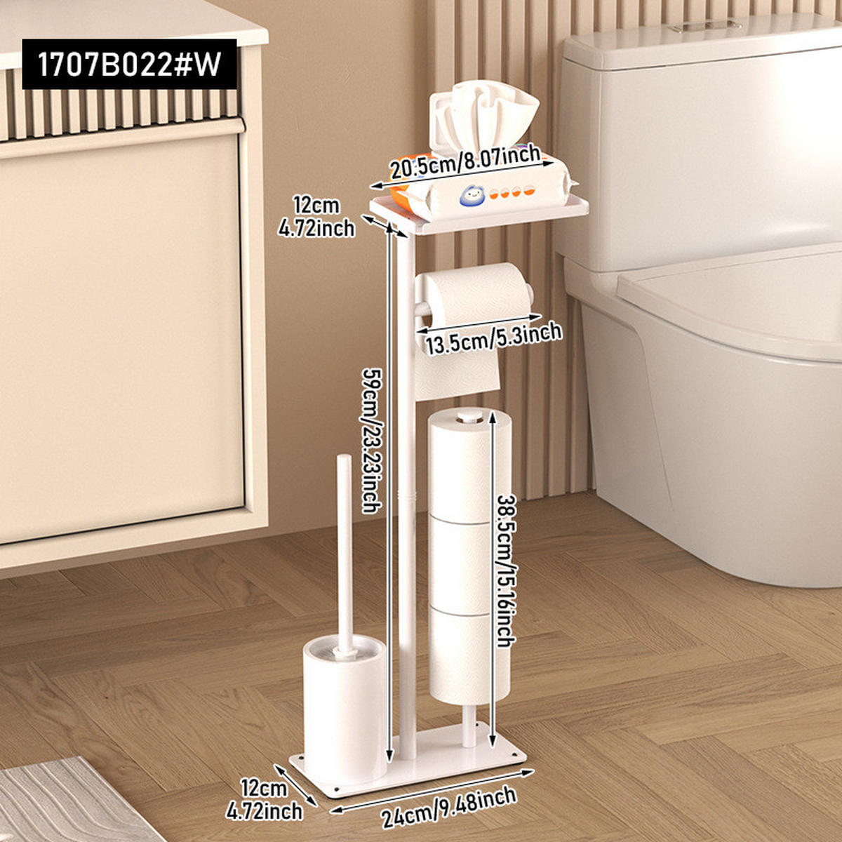 TOILETTENBÜRSTENHALTER – 2-in-1 (Weiß) 24 x 12 x 60 cm - Weiß, Metall (12/60/24cm)