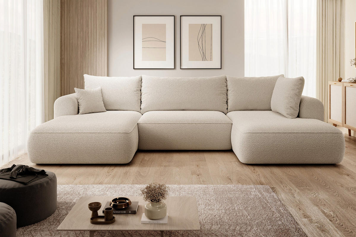 WOHNLANDSCHAFT Ovo Beige Boucle - Beige/Schwarz, Textil (380/95/167cm) - Selsey