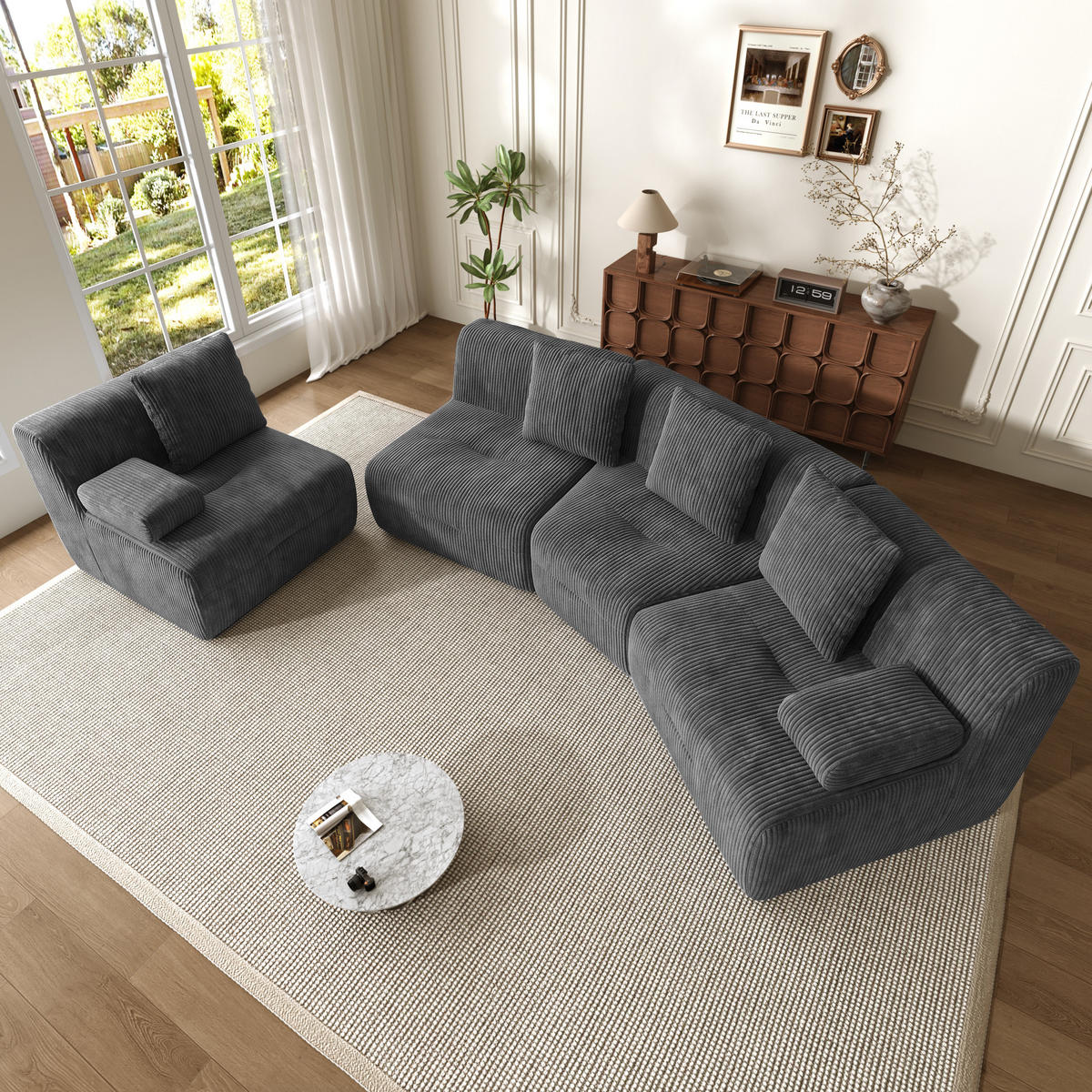 4-SITZER-SOFA modular Cord Kompression, DE-42936, Dunkelgrau - Dunkelgrau, Textil (311/65/90cm) - ComfortXL
