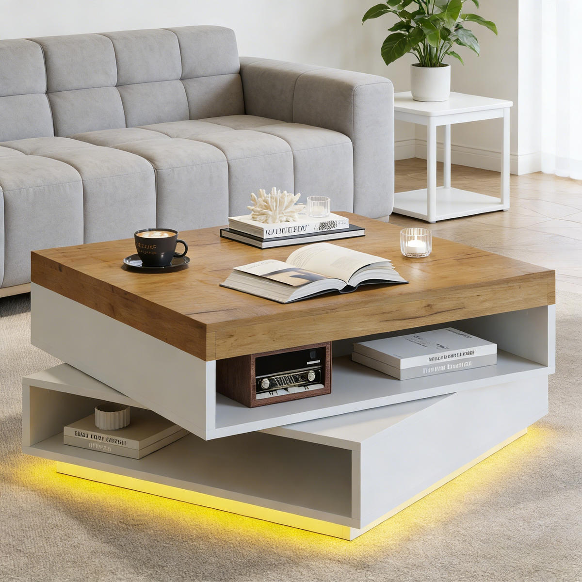 COUCHTISCH aus MDF 65x65x40 cm in Eichefarben mit LED-Beleuchtung - Eichefarben, Holzwerkstoff (65/65/40cm) - Modfu