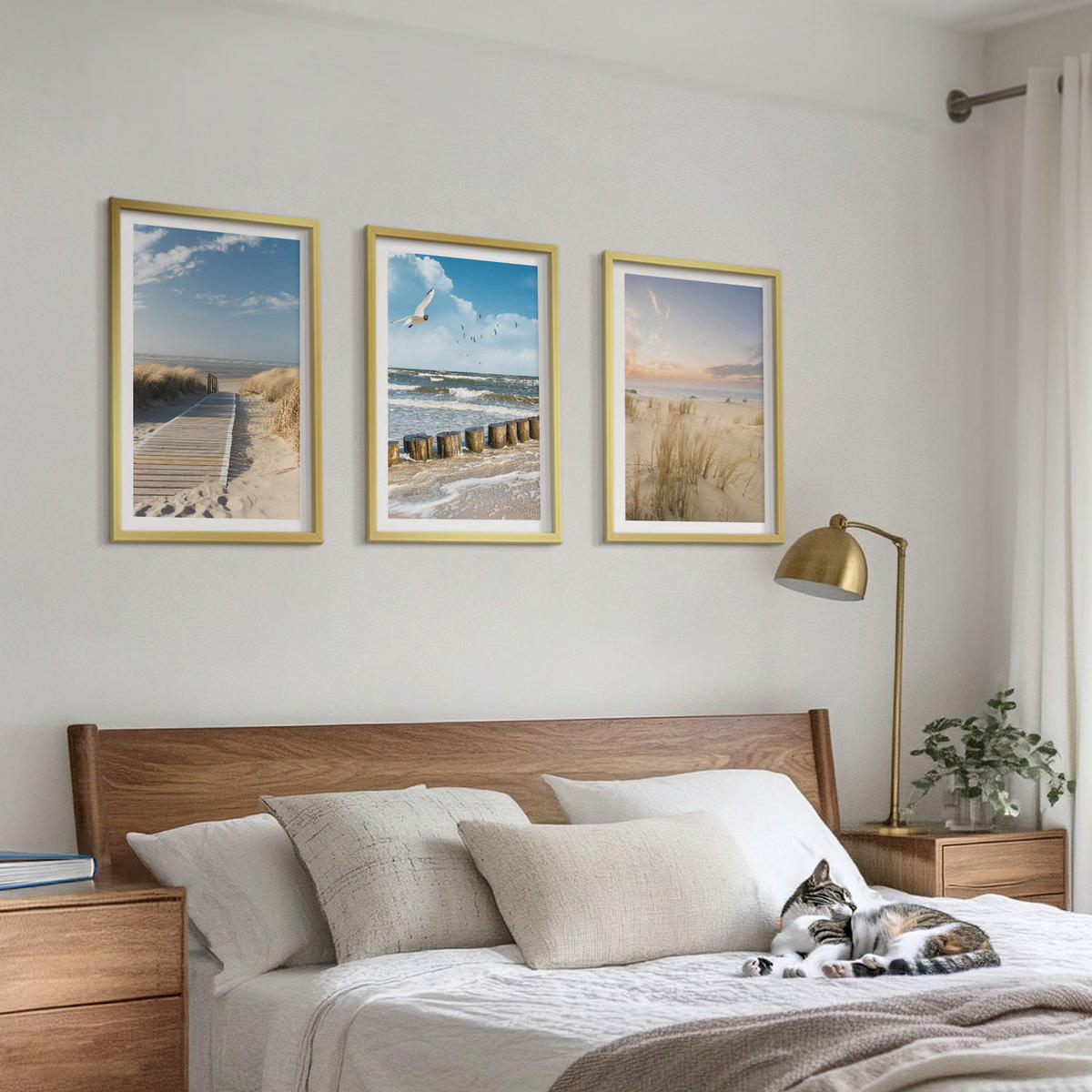 BILDER SET 3er Set - 40x60 cm Goldrahmen - Strand, Sand, Wellen, Himmel, Vögel - Goldfarben, Kunststoff (40/60cm) - TULUP