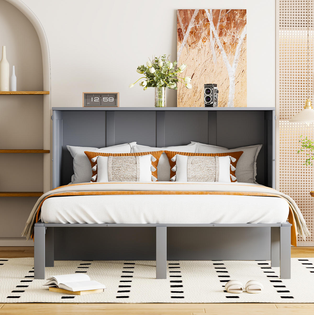 SCHRANKBETT 140/200 cm grau mit Lattenrost und Hochschrank-Design - Grau, Holz (140/200cm) - OKWISH