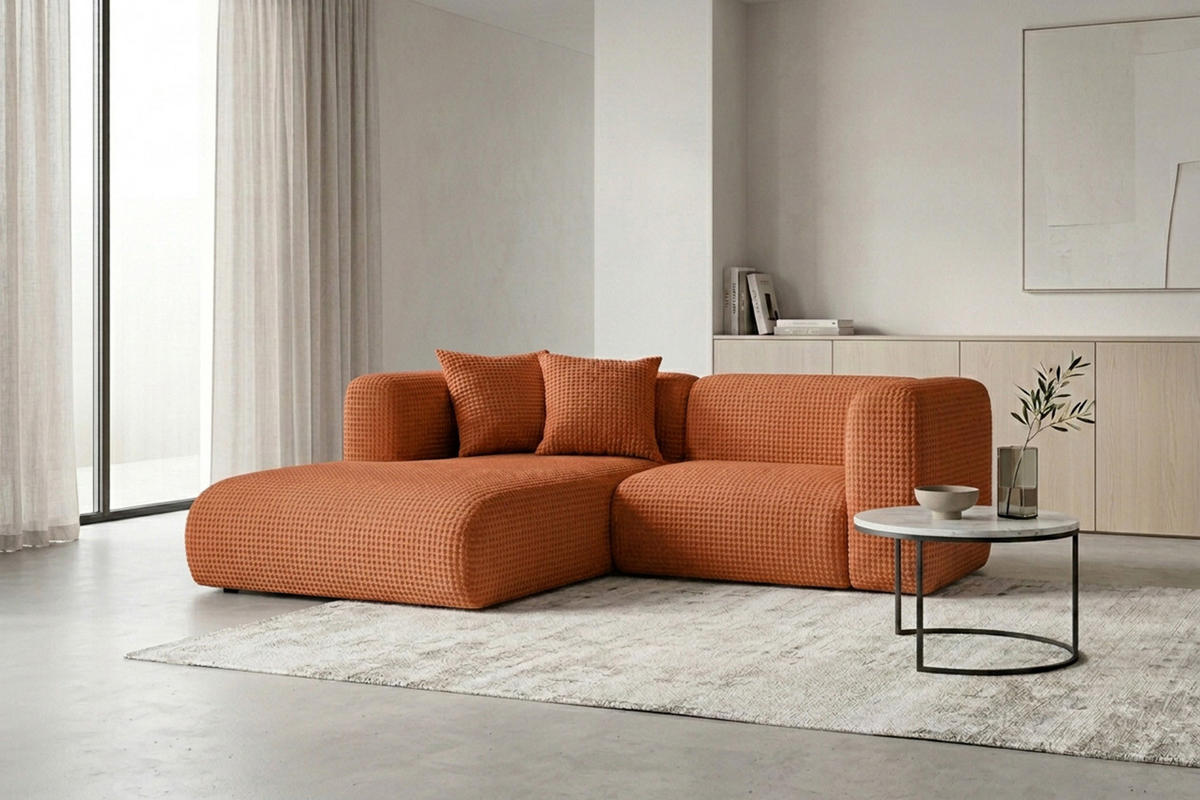 ECKSOFA L-Form mini, Chenille-Stoff Cremona, Kupfer, Links, GRETA - Kupferfarben, Holz (226/179cm) - Kaiser Möbel