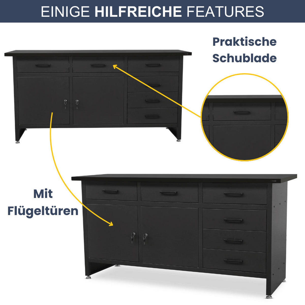 WERKBANK Werkstatt KARL 2x Tür 85x170x60cm All Black - Schwarz, Metall (170/85/60cm) - DELUKE