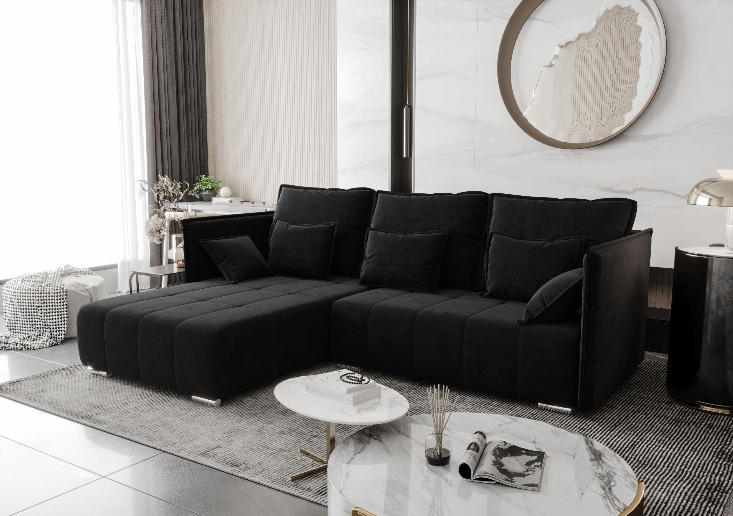 ECKSOFA L Form Florinna Schwarz 245/182/87 cm mit Schlaffunktion - Chromfarben/Schwarz, Textil/Metall (245/182cm) - AX Living