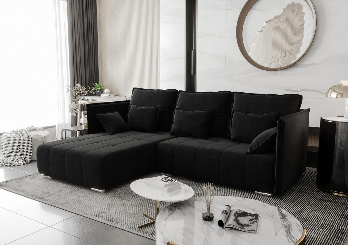 ECKSOFA L Form Florinna Schwarz 245/182/87 cm mit Schlaffunktion - Chromfarben/Schwarz, Textil/Metall (245/182cm) - AX Living