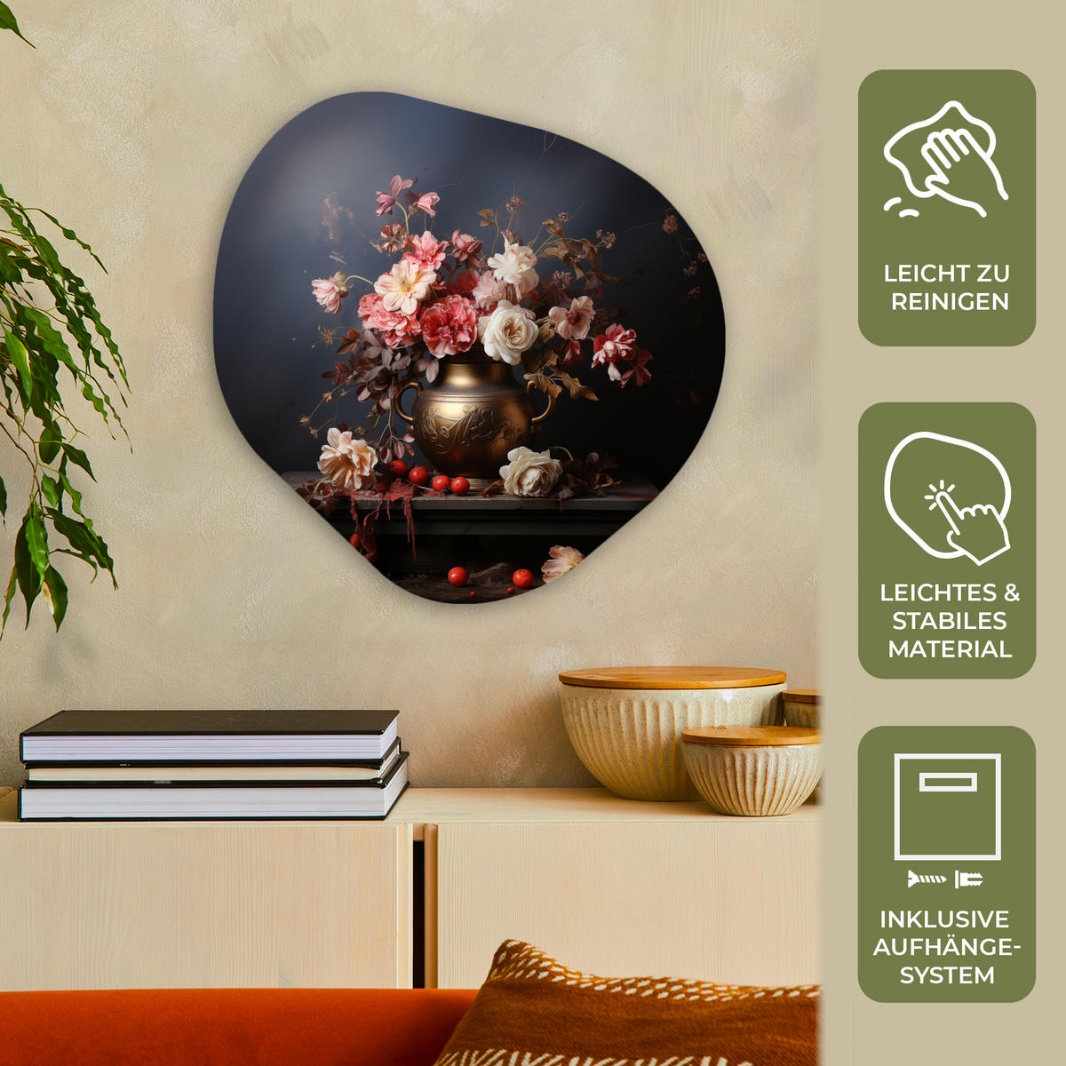 WANDBILD Stilleben - Blumen - Rosen - Blumenstrauß - Vase 60x60 cm - Dunkelbraun, Kunststoff (60/60cm) - MuchoWow