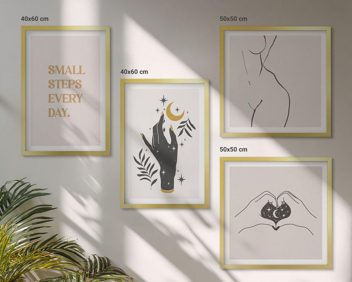WANDBILDER 4er Set - 50x50 cm & 40x60 cm Goldrahmen - Minimalistische Boho-Illustrationen - Goldfarben, Kunststoff (50/50cm) - ArtPrintCave