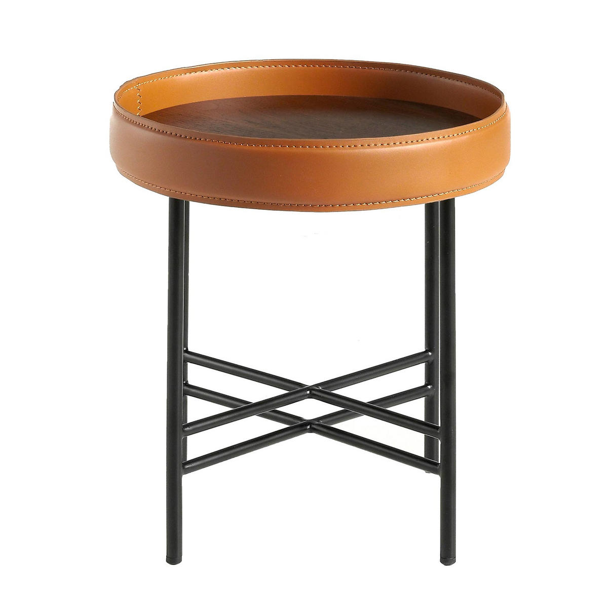 ECKTISCH Runder aus Ökoleder, Nussbaum und schwarzem Stahl Ø42/45 cm - Walnussfarben/Schwarz, Holz/Holzwerkstoff (42/42/45cm) - ANGEL CERDA