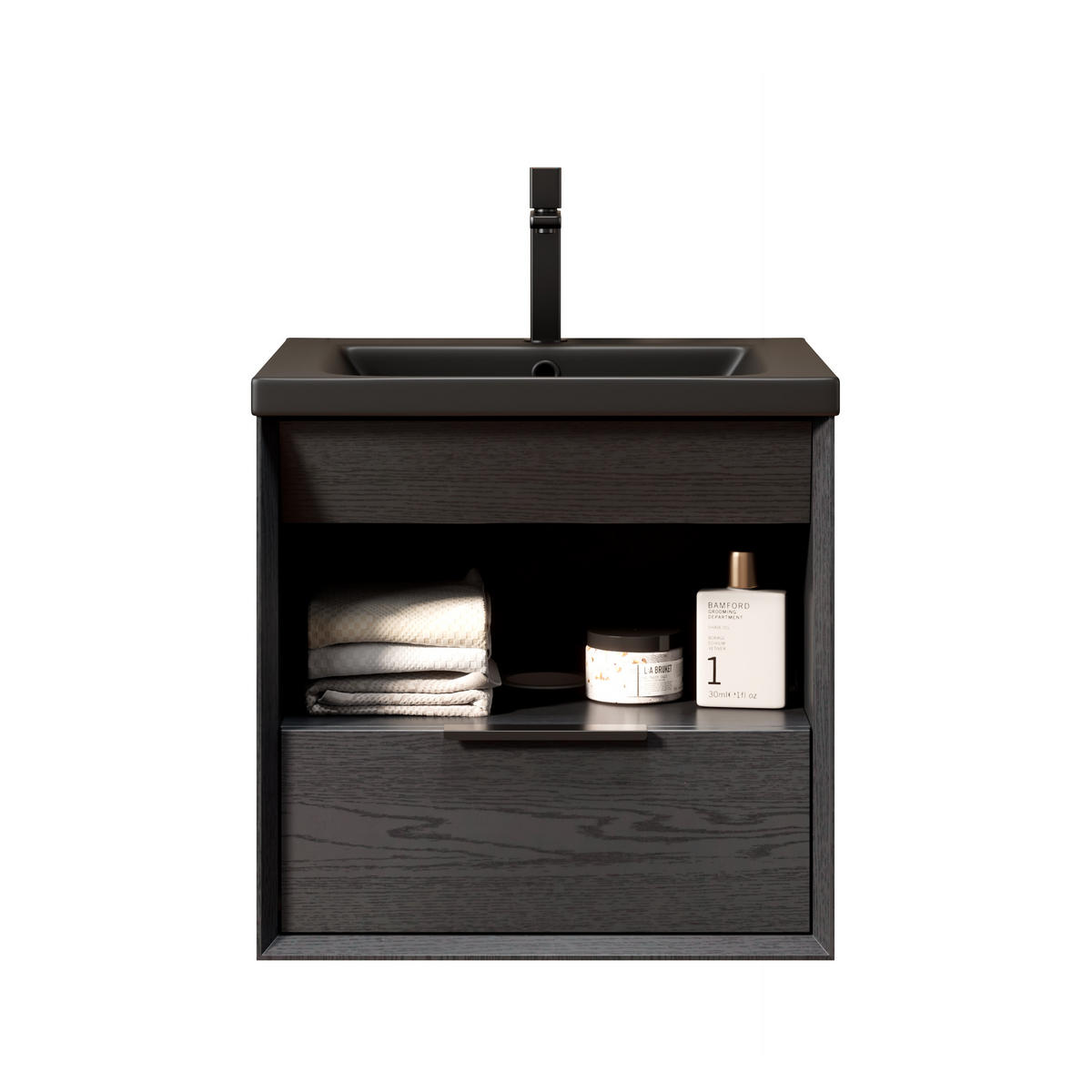 WASCHTISCHUNTERSCHRANK 51.5x47x51.5cm Schwarz/Dunkleiche mit integrierter Keramikspüle - Schwarz, Keramik (51.5/51.5/47cm) - Modfu