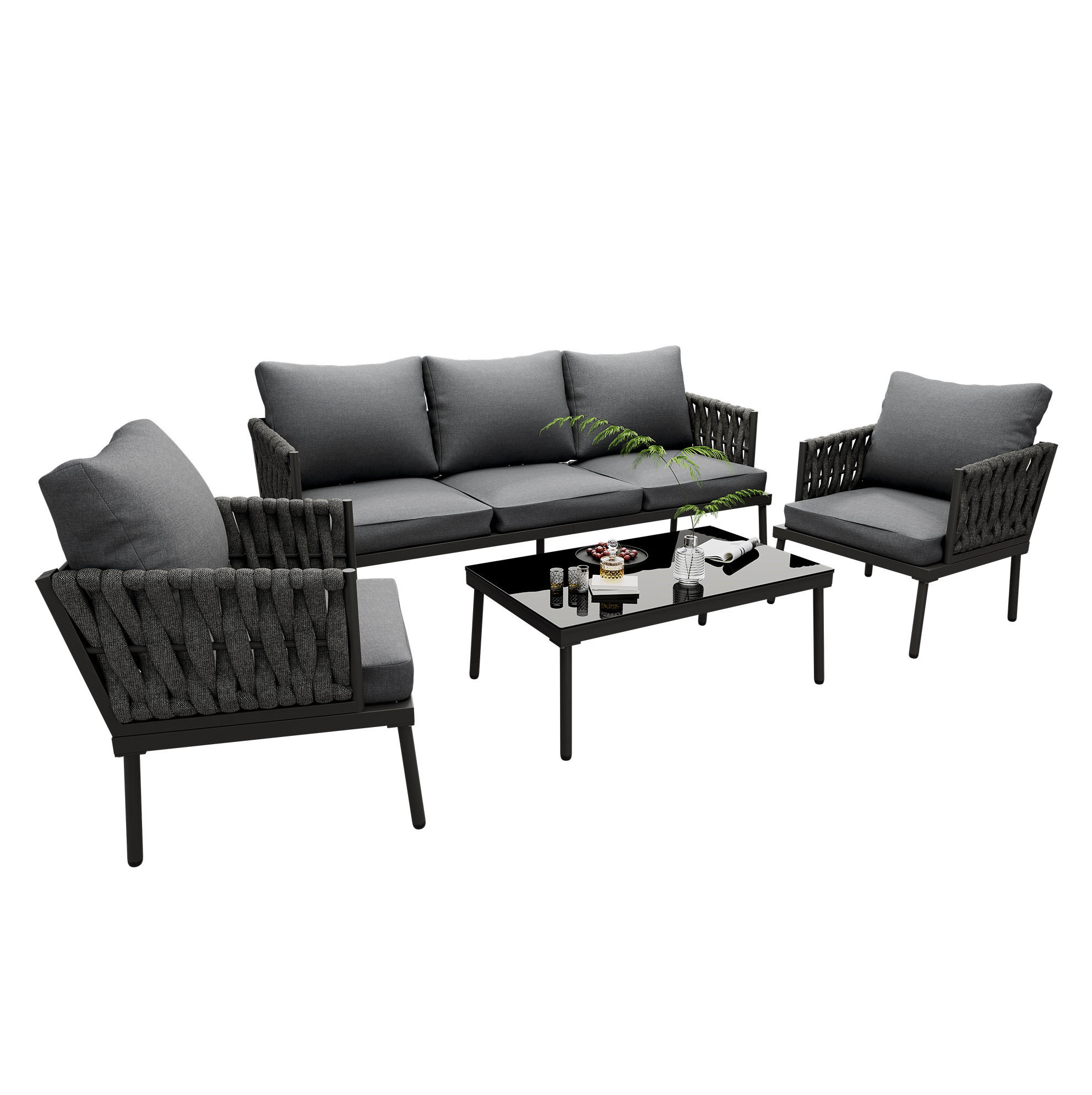 LOUNGE-SET 180/68/66 cm grau aus Polyester mit Glas-Couchtisch und Seilarmlehnen - Grau, Textil - OKWISH
