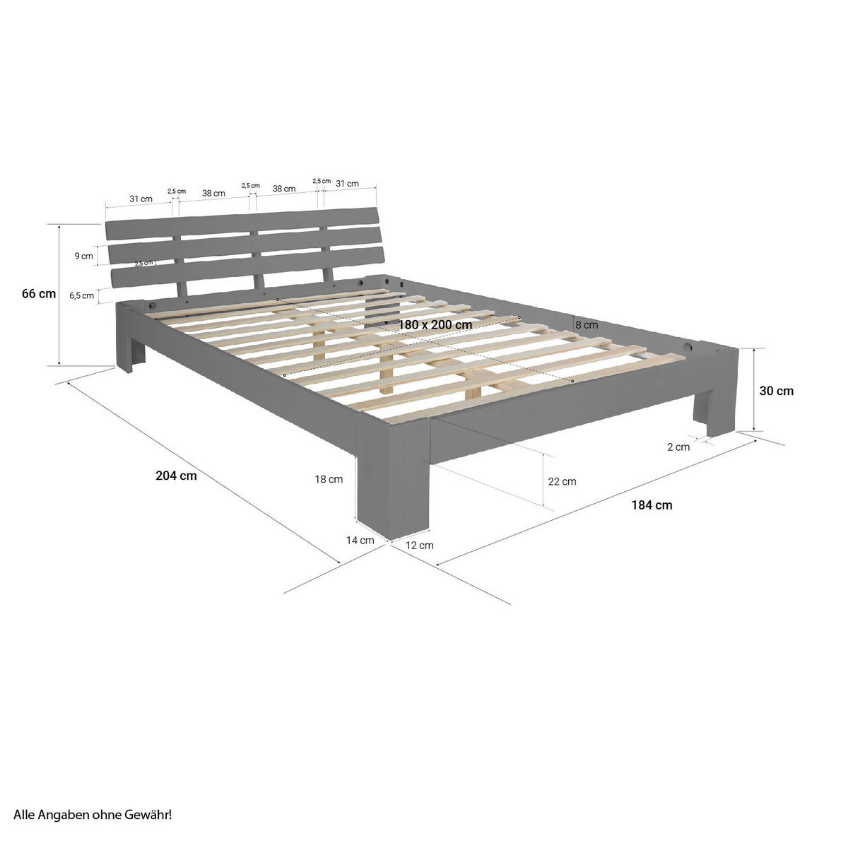 HOLZBETT 180/200 cm mit Lattenrost grau - Grau, Holz (180/200cm) - Homestyle4u