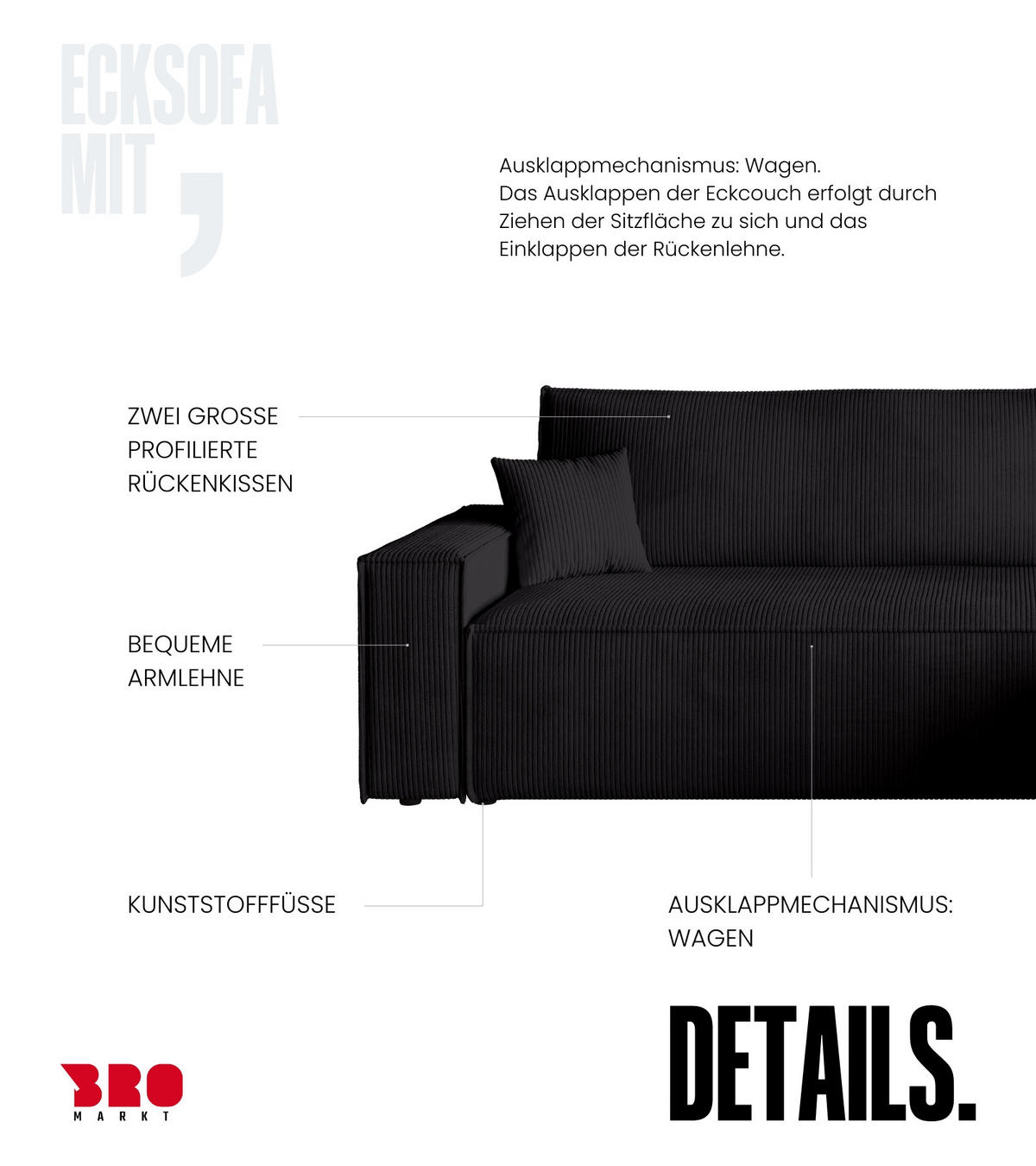 ECKSOFA ADI mit Schlaffunktion Schwarz Cord - Schwarz, Textil (244/143cm) - Bromarkt