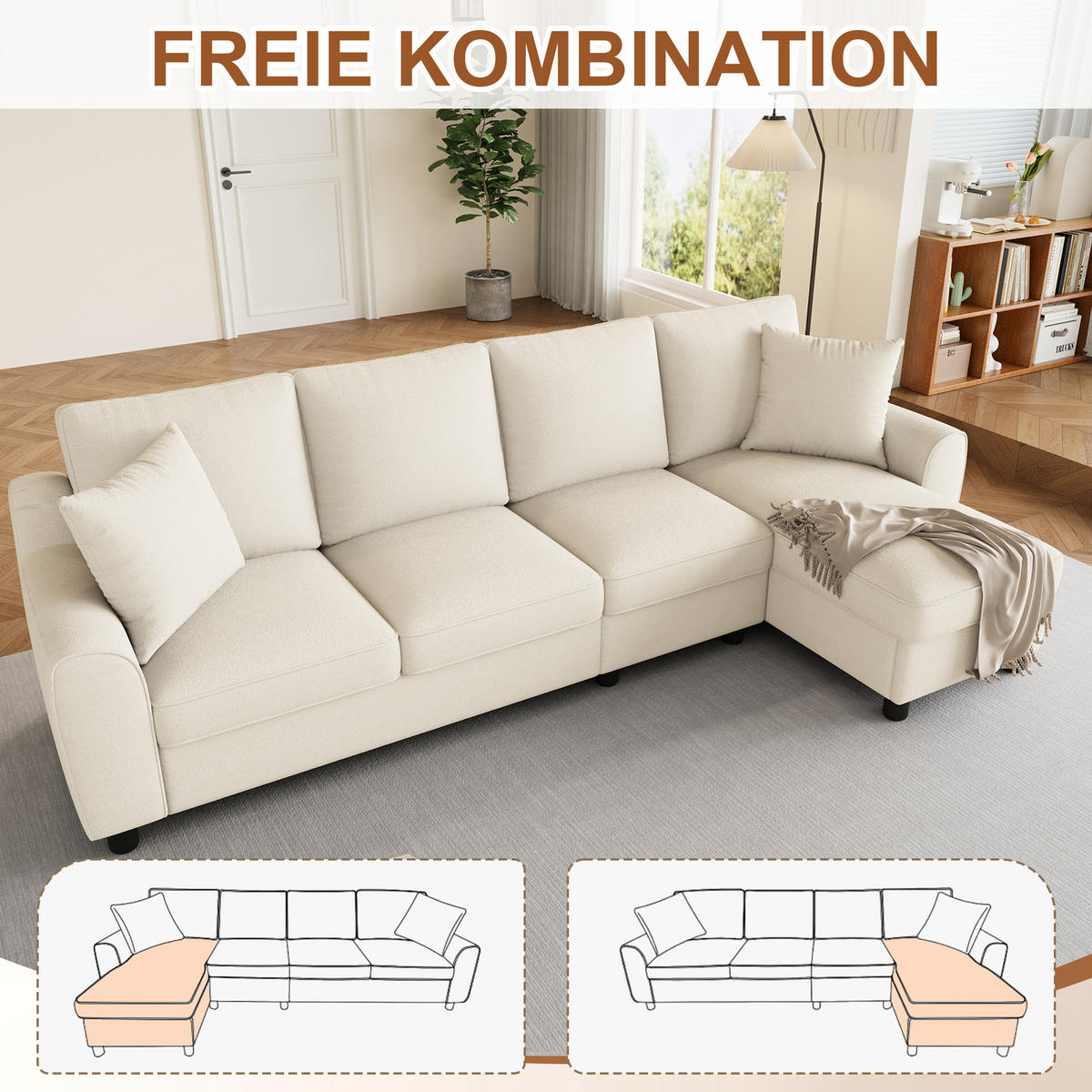 ECKSOFA L Form 3-Sitzer Chenille Stauraum Getränkehalter Beige 280cm - Beige, Textil (280/136cm) - FLIEKS