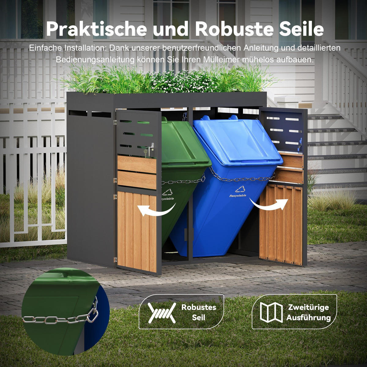 MÜLLTONNENBOX mit integriertem Pflanzkasten,Müllcontainer,Grau - Grau, Metall (133/128/80cm) - LVHOM