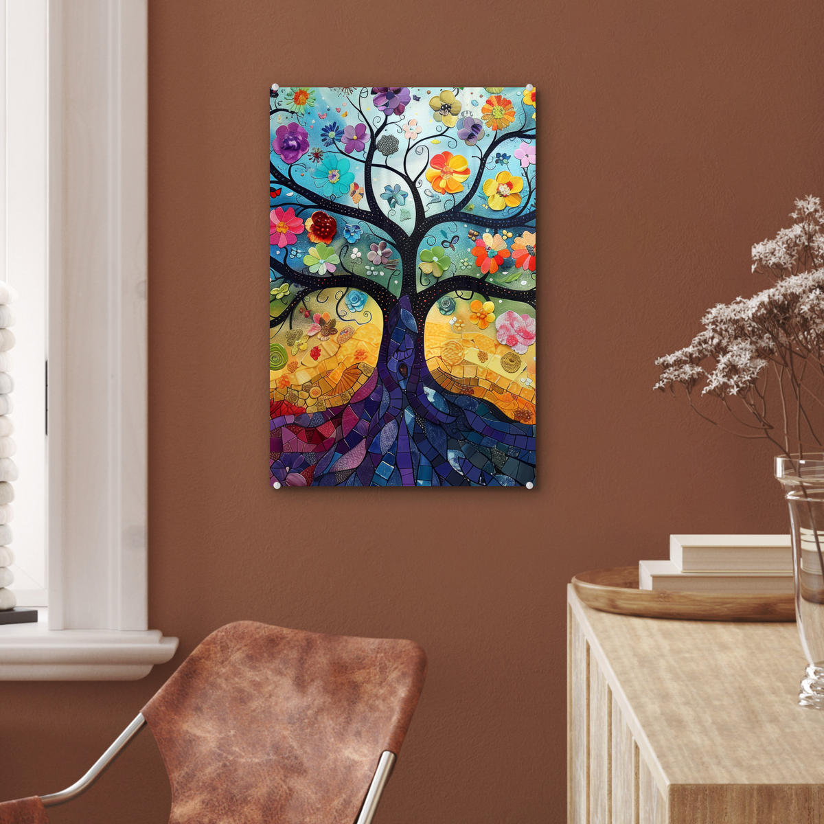 ACRYLGLASBILD Kunst - Baum des Lebens - Blumen - Hippie 40x60 cm - Dunkelblau, Glas (40/60cm) - MuchoWow
