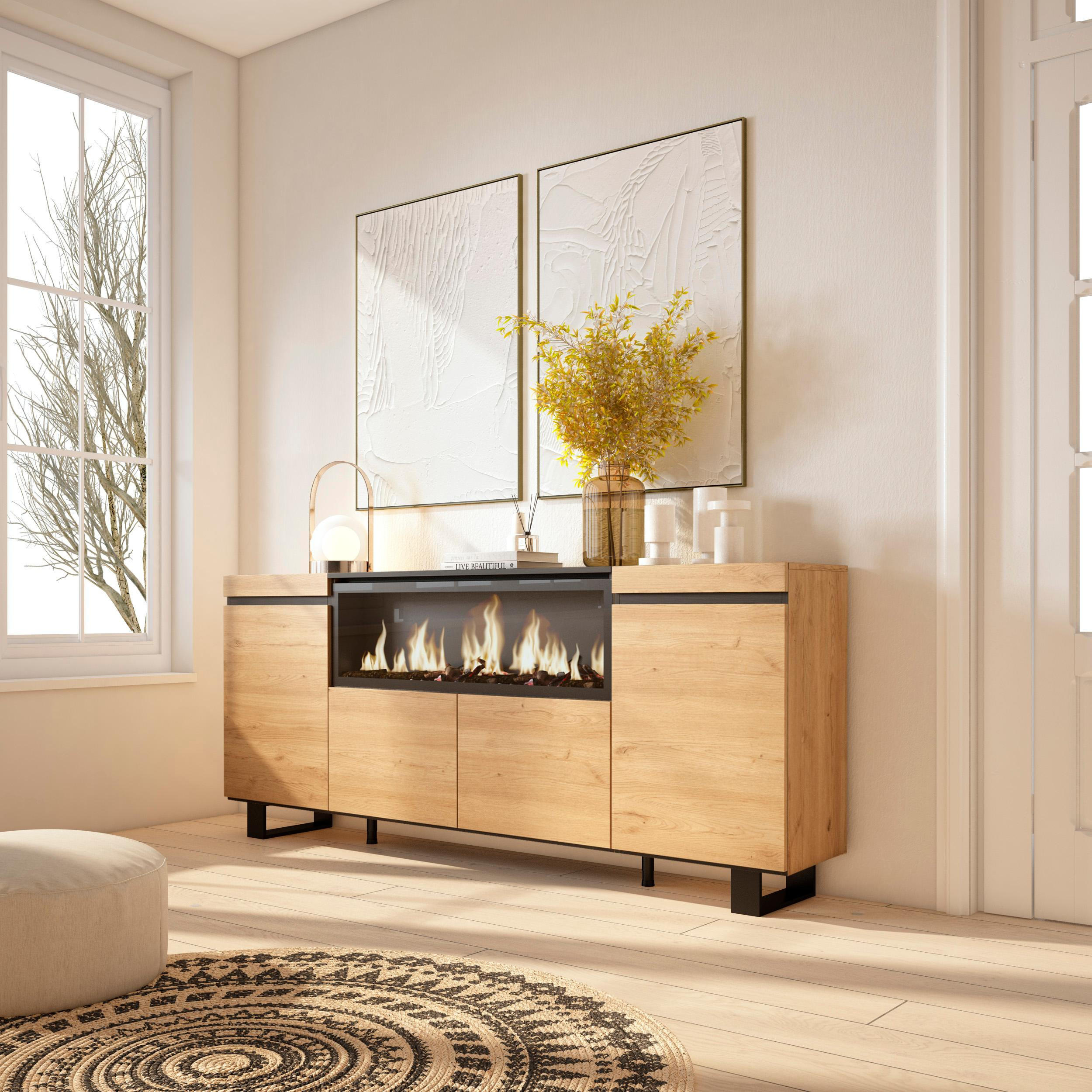 SIDEBOARD Highboard, Elektrokamin XXL, eiche, 208/35/87cm - Eichefarben/Multicolor, Holzwerkstoff (208/87/35cm) - Skraut Home