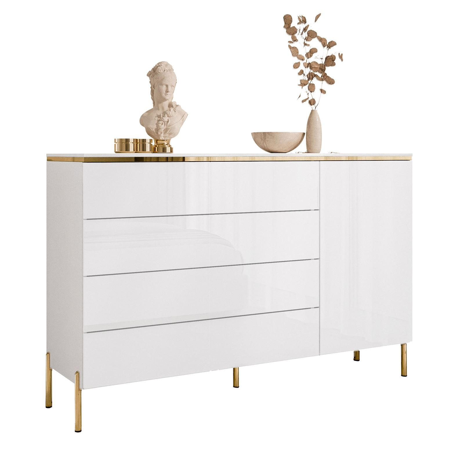 KOMMODE AURORA 4S1D Weiß / Weiß hochglanz mit gerade Goldchrom Fuße - Weiß Hochglanz/Goldfarben, Holzwerkstoff/Metall (140/91/40cm) - Lookway