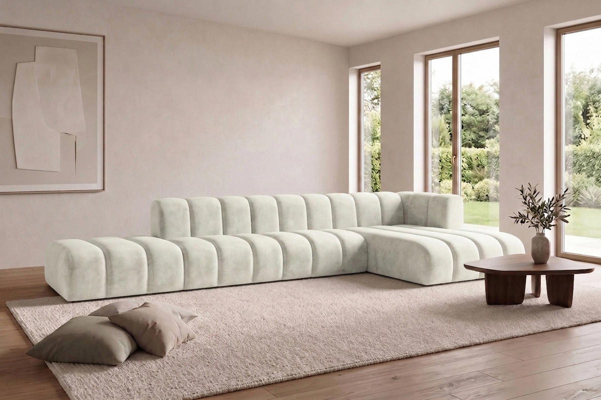 ECKSOFA Modulares In L-Form Mit Hocker, Velvet-Stoff Riviera, Ecru, Rechts, GRAND - Creme, Holz (386/179cm) - Kaiser Möbel