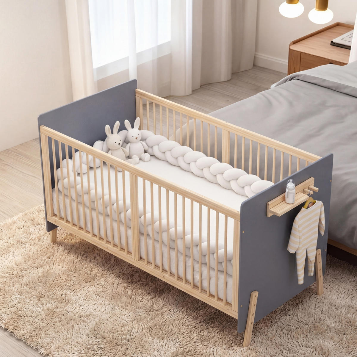KINDERBETT 70/140 cm in Blau & Natur Massivholz mit 3-stufiger Höhenverstellung und Ablage - Blaugrau/Naturfarben, Holz/Holzwerkstoff (70/140cm) - WISHDOR