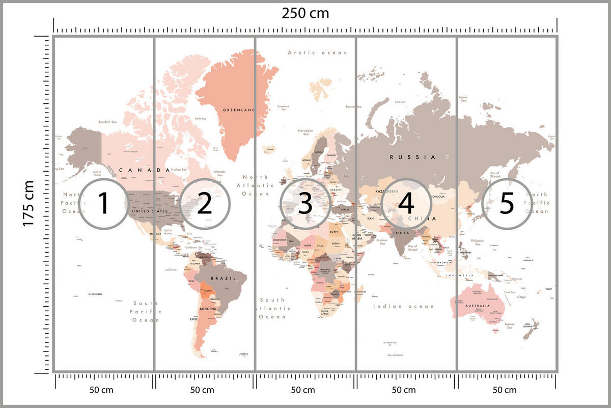 FOTOTAPETE für Büro Pastell Weltkarte Kontinente Ozean Länder 250x175 - Beige/Schwarz, Papier (250/175cm) - Muralo