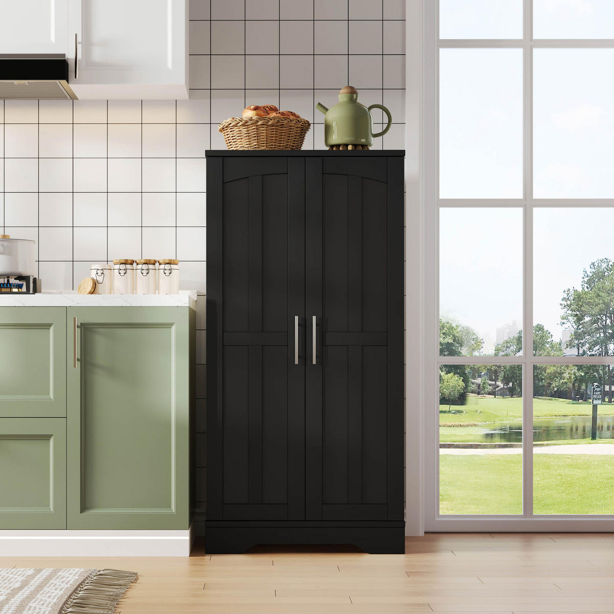 ANRICHTE Hochschrank 120/60/40 cm aus MDF mit LED-Sensorlicht und verstellbarem Regalboden Schwarz - Schwarz, Holzwerkstoff (60/120/40cm) - Modenvie