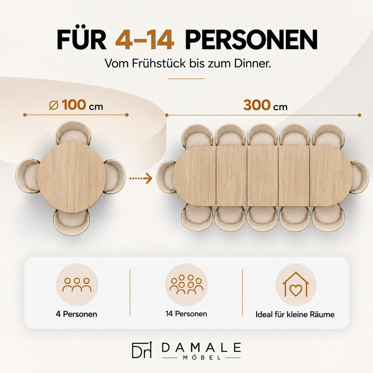 ESSTISCH rund ausziehbar 100-300/100/76 cm, Hellbraun Hikora Egger Natur, 54 cm Tischplatte + X Metallbeine Weiß - Hellbraun/Weiß, Holzwerkstoff/Metall (100/100/76cm) - Damale Möbel