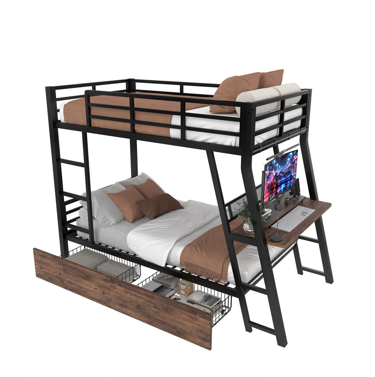 VYSOKÁ posteľ 90/200 cm čierna z kovu s písacím stolom LED osvetlením a zásuvkami - čierna, kov (90/200cm) - OKWISH