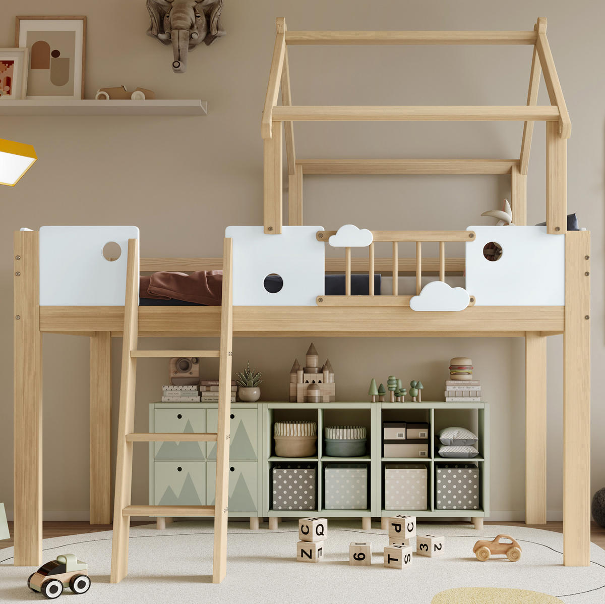 HOCHBETT 90/200 cm in Weiß/Natur mit Dachdesign und Fallschutz - Naturfarben, Holzwerkstoff (90/200cm) - Flora Grace