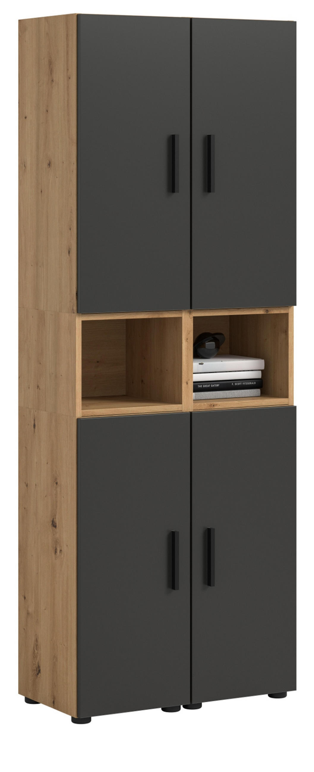 STAURAUMSCHRANK grau, Eiche Artisan 65 x 178 cm, Mehrzweckschrank mit viel Stauraum - Schwarz/Eiche Artisan, Holzwerkstoff/Kunststoff (65/178/34cm) - Inn.Furn